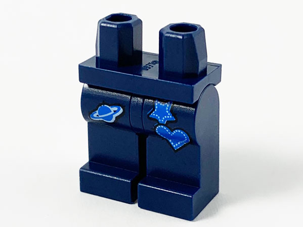 Display of LEGO part no. 970c00pb1088 which is a Dark Blue Hips and Legs with Blue Ringed Planet, Star and Heart Pattern 