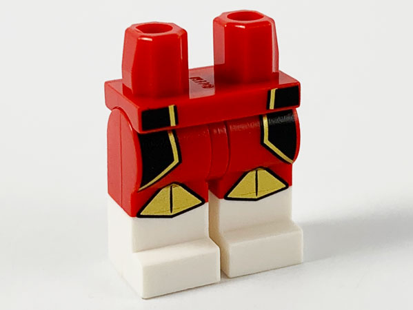 Display of LEGO part no. 970c00pb1091 which is a Red Hips and Legs with White Boots, Black Side Panels with Gold Trim and Knee Pads Pattern 