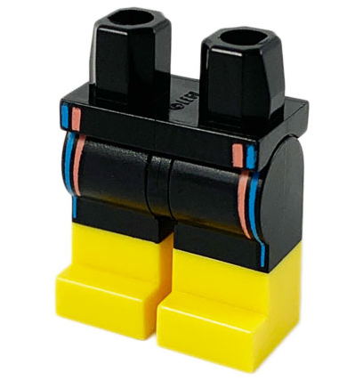 Display of LEGO part no. 970c00pb1094 which is a Black Hips and Legs with Yellow Boots, Coral and Dark Azure Stripes Pattern 
