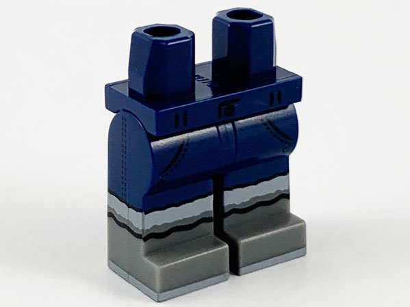 Display of LEGO part no. 970c00pb1126 which is a Dark Blue Hips and Legs with Dark Bluish Gray Boots and Light Bluish Gray Fur Pattern 