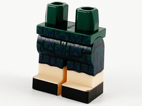 Display of LEGO part no. 970c00pb1131 which is a Dark Green Hips and Legs with Double Layer Skirt,  Dark Blue Filigree, Light Nougat Legs and Black Shoes Pattern 
