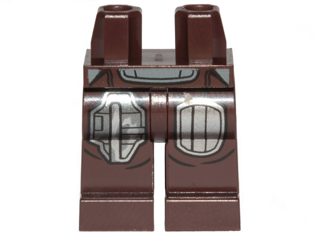 Display of LEGO part no. 970c00pb1152 Hips and Legs with SW Mandalorian Silver Beskar Armor Plates Pattern  which is a Dark Brown Hips and Legs with SW Mandalorian Silver Beskar Armor Plates Pattern 