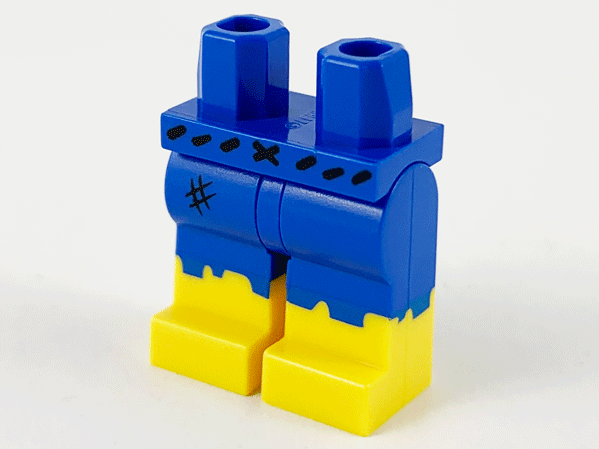 Display of LEGO part no. 970c00pb1155 which is a Blue Hips and Legs with Yellow Boots, Black Belt, Patch and Tattered Jeans Pattern 