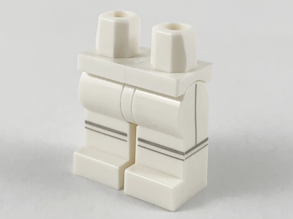 Display of LEGO part no. 970c00pb1157 which is a White Hips and Legs with Light Bluish Gray Double Stripes at Knees Pattern 