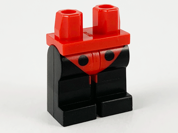 Display of LEGO part no. 970c00pb1158 which is a Red Hips and Legs with Black Boots, Leotard with 2 Black Spots and Black Leggings Pattern 