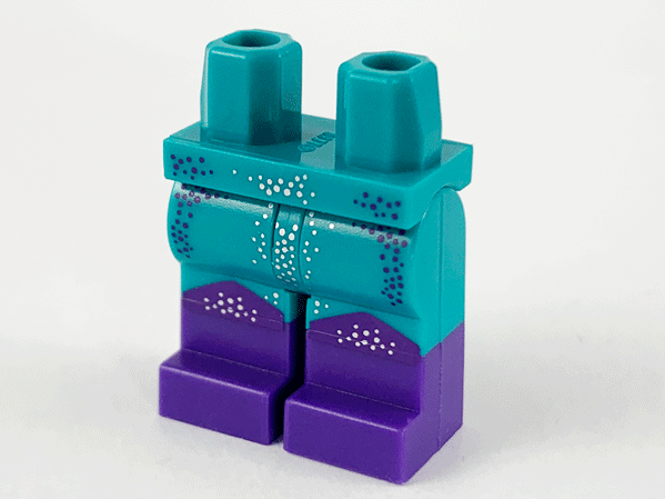 Display of LEGO part no. 970c00pb1160 which is a Dark Turquoise Hips and Legs with Dark Purple Boots, Silver and Dark Purple Dots Pattern 