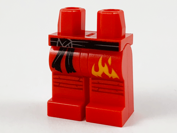 Display of LEGO part no. 970c00pb1165 which is a Red Hips and Legs with Black Sash and Bright Light Orange Flame Pattern 