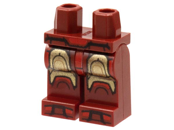 Display of LEGO part no. 970c00pb1250 Hips and Legs with Red Buckle, Knees, and Toes, Gold Armor Pattern  which is a Dark Red Hips and Legs with Red Buckle, Knees, and Toes, Gold Armor Pattern 