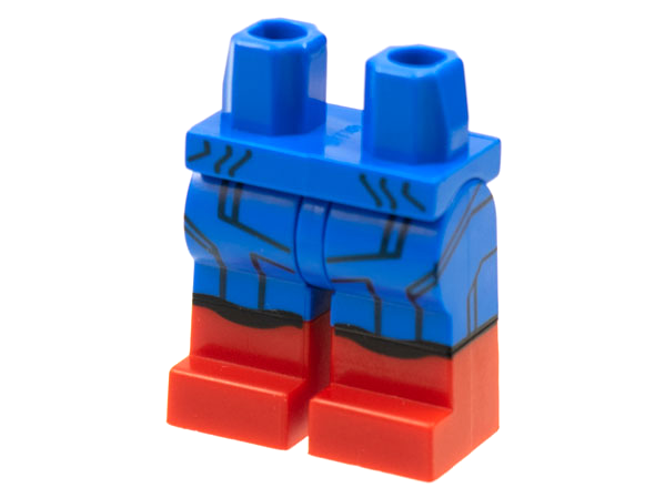 Display of LEGO part no. 970c00pb1253 Hips and Legs with Red Boots, Black Panel Lines Pattern  which is a Blue Hips and Legs with Red Boots, Black Panel Lines Pattern 