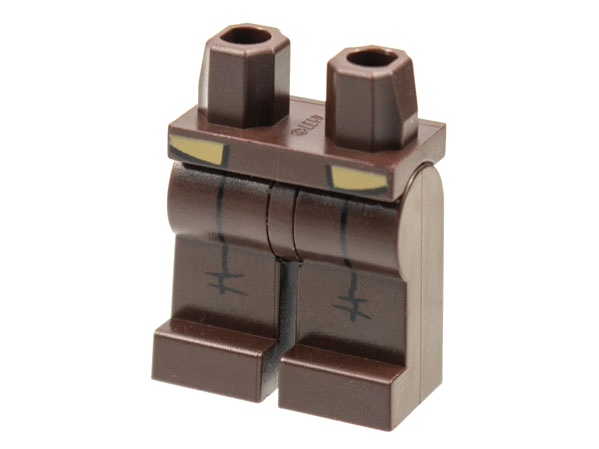 Display of LEGO part no. 970c00pb1256 which is a Dark Brown Hips and Legs with Dark Tan Jacket Tips, Black Pleat Lines Pattern 