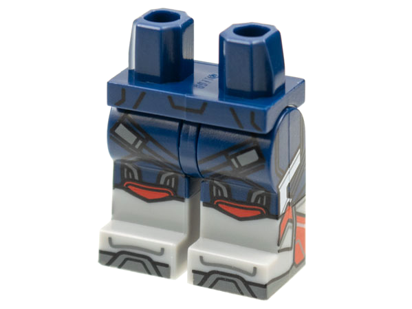 Display of LEGO part no. 970c00pb1257 Hips and Legs with Light Bluish Gray Boots, Armor with Red Trim Pattern  which is a Dark Blue Hips and Legs with Light Bluish Gray Boots, Armor with Red Trim Pattern 