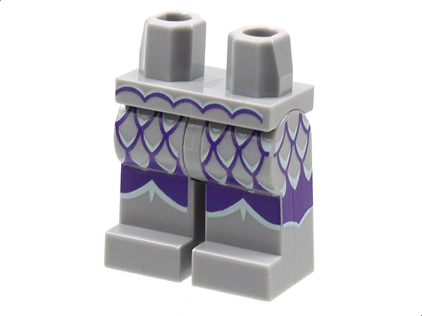 Display of LEGO part no. 970c00pb1300 which is a Light Bluish Gray Hips and Legs with Dark Purple Scallop Lines and Knee Pads Pattern 