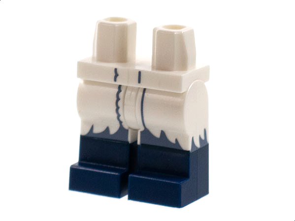 Display of LEGO part no. 970c00pb1305 which is a White Hips and Legs with Dark Blue Boots, Coattails with Sand Blue Trim Pattern 