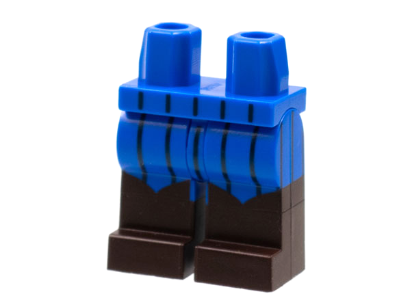 Display of LEGO part no. 970c00pb1306 which is a Blue Hips and Legs with Dark Brown Boots, Black Pinstripes Pattern 