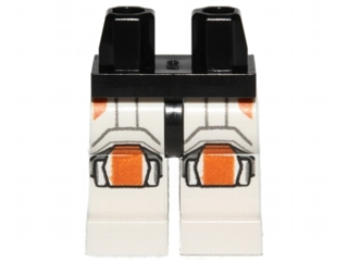 Display of LEGO part no. 970c01pb17 Hips and White Legs with SW Republic Trooper Armor with Orange Knee Pads Pattern  which is a Black Hips and White Legs with SW Republic Trooper Armor with Orange Knee Pads Pattern 