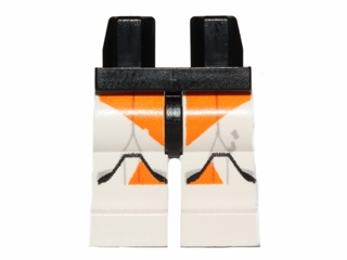 Display of LEGO part no. 970c01pb29 Hips and White Legs with SW Clone Trooper and Orange Small Markings Pattern  which is a Black Hips and White Legs with SW Clone Trooper and Orange Small Markings Pattern 