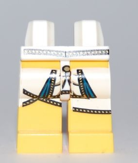 Display of LEGO part no. 970c03pb09 Hips and Yellow Legs with Gold Cord Trimmed Pharaoh's Tunic Pattern  which is a White Hips and Yellow Legs with Gold Cord Trimmed Pharaoh's Tunic Pattern 