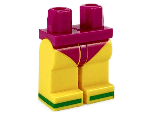 Display of LEGO part no. 970c03pb36 which is a Magenta Hips and Yellow Legs with Leotard / Swimsuit Bottom and Green Sandals Pattern 