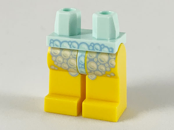 Display of LEGO part no. 970c03pb39 which is a Light Aqua Hips and Yellow Legs with Bright Light Blue Bubble Outlines Pattern 