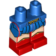 Display of LEGO part no. 970c05pb20 which is a Blue Hips and Red Legs with Gold Buckle, Skirt, Light Nougat Legs and Boots with Gold Trim Pattern 