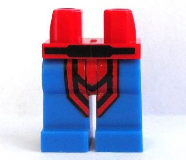 Display of LEGO part no. 970c07pb05 which is a Red Hips and Blue Legs with and Black Panel and Belt Pattern 