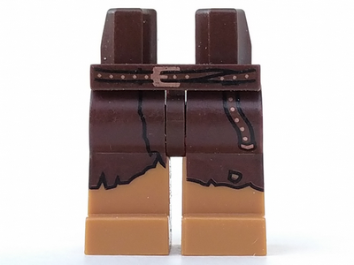 Display of LEGO part no. 970c150pb09 which is a Dark Brown Hips and Medium Nougat Legs with Leggings Tattered and Belt with Copper Buckle Pattern 