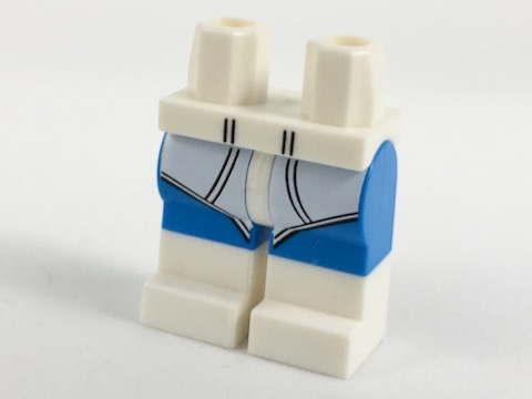 Display of LEGO part no. 970c153pb06 Hips and Dark Azure Legs with Boots and Briefs Pattern  which is a White Hips and Dark Azure Legs with Boots and Briefs Pattern 
