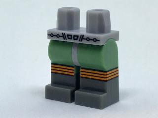 Display of LEGO part no. 970c48pb01 Hips and Green Legs with Retro Space Belt and Dark Bluish Gray Boots with Three Orange Stripes Pattern  which is a Light Bluish Gray Hips and Green Legs with Retro Space Belt and Dark Bluish Gray Boots with Three Orange Stripes Pattern 