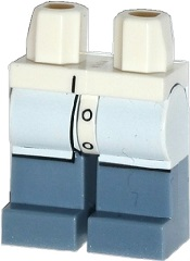 Display of LEGO part no. 970c55pb09 Hips and Sand Blue Legs with Lab Coat with 2 Buttons Pattern  which is a White Hips and Sand Blue Legs with Lab Coat with 2 Buttons Pattern 