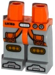 Display of LEGO part no. 970c86pb17 Hips and Light Bluish Gray Legs with 'LICHO', Pockets and Harness, Knee Pads and Silver Boots Pattern  which is a Orange Hips and Light Bluish Gray Legs with 'LICHO', Pockets and Harness, Knee Pads and Silver Boots Pattern 