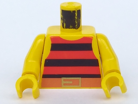 Display of LEGO part no. 973p33c01 Torso Pirate Stripes Red / Black with Gold Belt Buckle Pattern / Arms / Hands  which is a Yellow Torso Pirate Stripes Red / Black with Gold Belt Buckle Pattern / Arms / Hands 