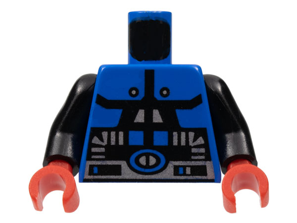 Display of LEGO part no. 973p66c01 Torso Space Spyrius Pattern / Black Arms / Red Hands  which is a Blue Torso Space Spyrius Pattern / Black Arms / Red Hands 