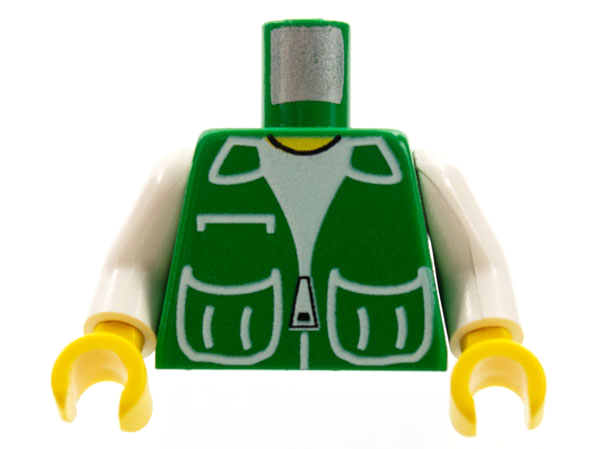 Display of LEGO part no. 973p73c01 Torso Town Vest with Patch Pockets over White Shirt Pattern / White Arms / Yellow Hands  which is a Green Torso Town Vest with Patch Pockets over White Shirt Pattern / White Arms / Yellow Hands 