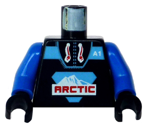 Display of LEGO part no. 973p7ac01 Torso Arctic Logo Large and 'A1' Pattern / Blue Arms / Hands  which is a Black Torso Arctic Logo Large and 'A1' Pattern / Blue Arms / Hands 