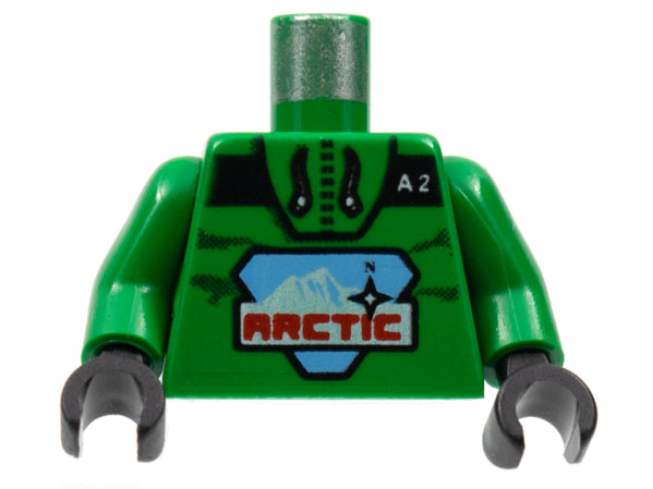 Display of LEGO part no. 973p7bc01 Torso Arctic Logo Large and 'A2' Pattern / Arms / Black Hands  which is a Green Torso Arctic Logo Large and 'A2' Pattern / Arms / Black Hands 
