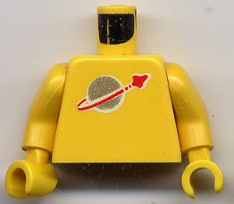 Display of LEGO part no. 973p90c04 which is a Yellow Torso Space Classic Moon Pattern / Arms / Hands 
