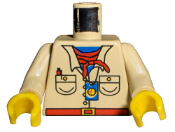 Display of LEGO part no. 973pa6c01 Torso Adventurers Desert Safari Shirt, Blue Neck, Red Bandana, Compass Pattern / Arms / Yellow Hands  which is a Tan Torso Adventurers Desert Safari Shirt, Blue Neck, Red Bandana, Compass Pattern / Arms / Yellow Hands 
