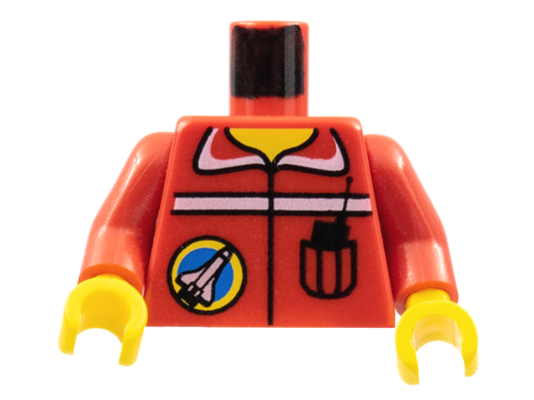 Display of LEGO part no. 973pb0059c01 Torso Space Port Logo and Radio in Pocket Pattern / Arms / Yellow Hands  which is a Red Torso Space Port Logo and Radio in Pocket Pattern / Arms / Yellow Hands 