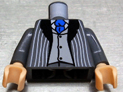 Display of LEGO part no. 973pb0060ac01 which is a Dark Bluish Gray Torso Suit Jacket Open with Light Bluish Gray Pinstripes and Black Lapels over Vest and White Undershirt, Blue Tie Pattern / Arms / Light Nougat Hands 