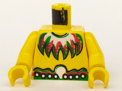 Display of LEGO part no. 973pb0062c01 Torso Pirate Islanders with Feather Necklace Pattern / Arms / Hands  which is a Yellow Torso Pirate Islanders with Feather Necklace Pattern / Arms / Hands 