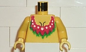 Display of LEGO part no. 973pb0064c01 Torso Pirate Islanders with Red Female Neckline Pattern / Arms / Hands  which is a Yellow Torso Pirate Islanders with Red Female Neckline Pattern / Arms / Hands 