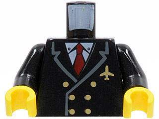 Display of LEGO part no. 973pb0109c01 Torso Airplane Pilot, Suit Double Breasted, Red Tie, Gold Buttons and Logo Pin Pattern / Arms / Yellow Hands  which is a Black Torso Airplane Pilot, Suit Double Breasted, Red Tie, Gold Buttons and Logo Pin Pattern / Arms / Yellow Hands 