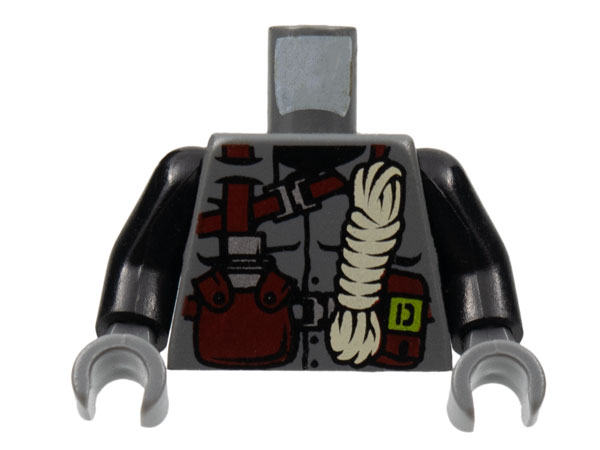 Display of LEGO part no. 973pb0177c01 Torso Dino Vest with Dark Red Harness, Canteen, White Rope Pattern / Black Arms / Hands  which is a Dark Bluish Gray Torso Dino Vest with Dark Red Harness, Canteen, White Rope Pattern / Black Arms / Hands 