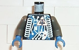 Display of LEGO part no. 973pb0199c01 Torso Space Insectoids Blue X with Hose on Sides Pattern / Dark Gray Arms / Blue Hands  which is a Black Torso Space Insectoids Blue X with Hose on Sides Pattern / Dark Gray Arms / Blue Hands 