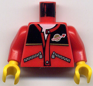 Display of LEGO part no. 973pb0298c01 Torso Jacket with Zippers, Black Top, Classic Space Logo, White Undershirt Pattern / Arms / Yellow Hands  which is a Red Torso Jacket with Zippers, Black Top, Classic Space Logo, White Undershirt Pattern / Arms / Yellow Hands 