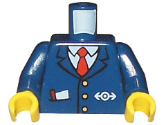 Display of LEGO part no. 973pb0320c01 which is a Dark Blue Torso Train with Logo, Three Gold Buttons, Red Tie, Pencil & Paper in Pocket Pattern / Arms / Yellow Hands 
