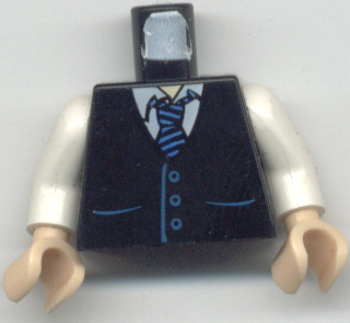 Display of LEGO part no. 973pb0321c01 which is a Black Torso Town Vest with Pockets and Blue Striped Tie Pattern / White Arms / Light Nougat Hands 