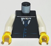 Display of LEGO part no. 973pb0321c02 Torso Town Vest with Pockets and Blue Striped Tie over White Open Collar Shirt Pattern / White Arms / Yellow Hands  which is a Black Torso Town Vest with Pockets and Blue Striped Tie over White Open Collar Shirt Pattern / White Arms / Yellow Hands 