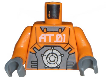 Display of LEGO part no. 973pb0407c01 which is a Orange Torso Exo-Force with 'AT.01' Pattern / Arms / Dark Bluish Gray Hands 