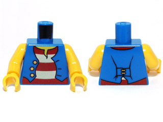 Display of LEGO part no. 973pb0525c01 which is a Blue Torso Pirate Vest Open with Gold Buttons over Shirt with Red and White Horizontal Stripes, Yellow Neck Pattern / Yellow Arms / Yellow Hands 